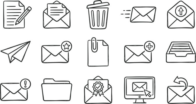 Hand drawn doodle email and office communication line icon set featuring envelopes paper plane document folder trash bin computer and inbox elements
