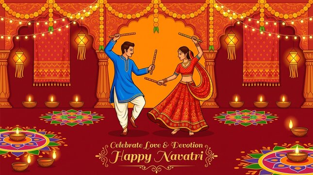 Couple dancing garba during navratri festival celebration with decorative lights and diyas