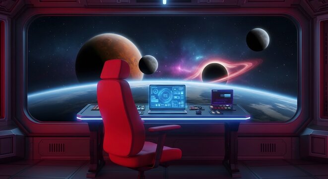 Futuristic Spaceship Control Room Interior Overlooking Planets and Galaxy