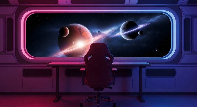 Futuristic spaceship command room looking out at distant alien planets