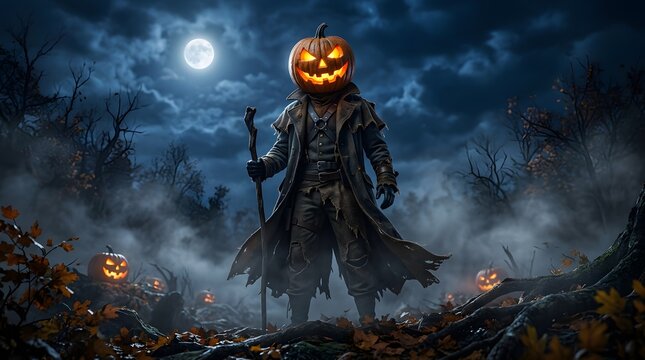 Scary figure with a glowing pumpkin head in a dark misty forest