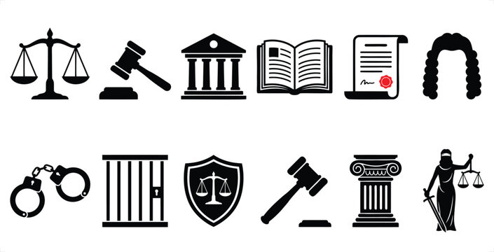 Justice symbols vector illustration with scales gavel courthouse and law book for legal concept