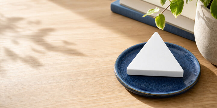 White equilateral triangle paperweight on blue ceramic coaster, neutral still life for editorial header