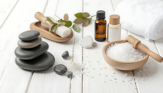 A serene spa setup featuring stacked basalt stones, white bath salts, and amber essential oil bottles, created with generative AI for holistic wellness designs. 