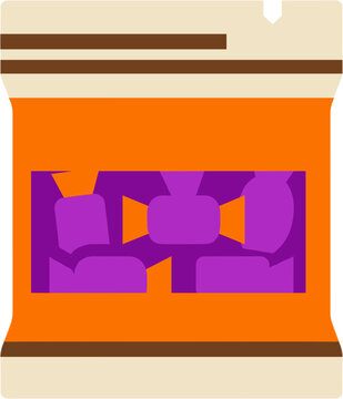Flat vector illustration of a snack package with candies inside, colorful food packaging design