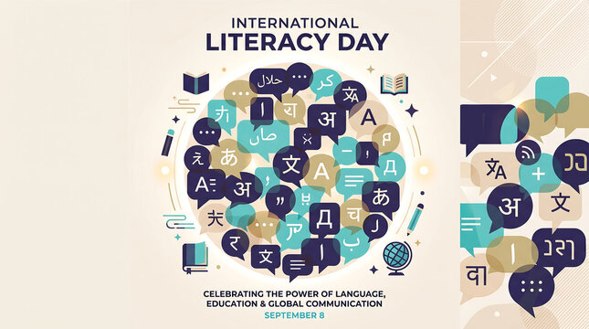 International Literacy Day illustration with diverse languages and education symbols vector graphic