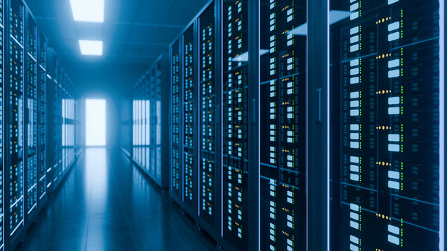3D Illustration of Modern Data Center Server Room Corridor with Glowing Blue Server Racks and LED Lights
