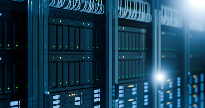 3D Illustration of Modern Data Center Server Racks with Glowing Green LED Lights in Blue Dark Room