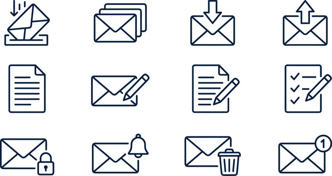 Minimalist dark blue line email and office workflow icon set featuring envelopes with inbox outbox lock bell trash bin document edit checklist and notification indicators