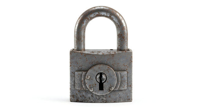 Old rusted padlock with keyhole on white background