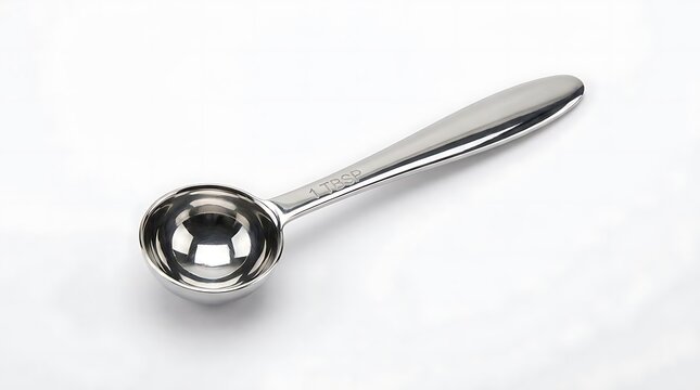 Stainless steel measuring spoon for kitchen use.