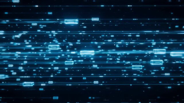 Glowing data blocks traveling through cyberspace creating motion lines in this high tech digital animation clip