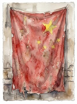 Watercolor painting of the flag of China hanging on a weathered wall.