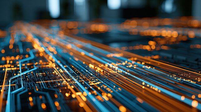 Intricate digital pathways illuminate a futuristic network.