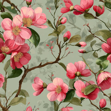 seamless pattern, magnolia flowers, white blossoms, watercolor floral, botanical pattern, sage green leaves, delicate branches, beige background, floral pattern, hand painted, elegant, romantic, vinta