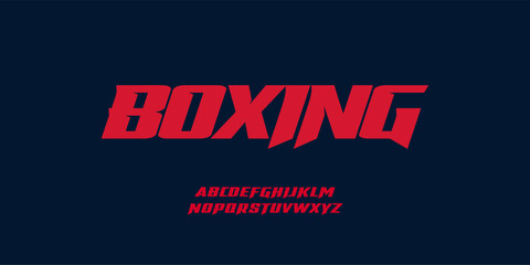 Obraz premium Boxing Font Action Sport Logo Alphabet Sharp Bold Italic Letter Set Red Typography, Sporty Typographic Design for Combat Title, Race Poster Headline, Speed Racing Logotype. Energy Vector Typeface