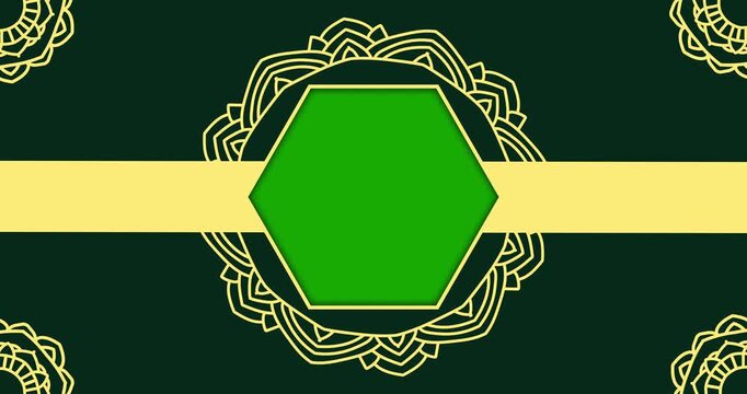 Luxury Golden Mandala Pattern with Hexagonal Frame on Deep Green Background. Perfect for Islamic Greeting Card, Award Certificate, Premium Packaging, Eid Mubarak Poster and Religious Celebration Decor