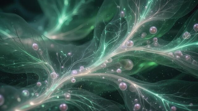 Translucent botanical ribbons with glowing droplets, abstract style, on a deep emerald background, evoking growth
