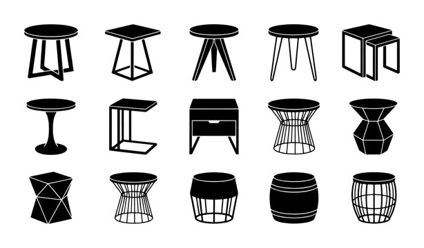 Modern Stool and Side Table Collection, Minimalist Furniture Icons, Contemporary Home Decor Accents, Vector Set