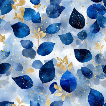 seamless pattern, botanical pattern, blue leaves, teal foliage, golden veins, dark navy background, luxury pattern, leaf pattern, layered leaves, elegant botanical, tropical foliage, metallic gold acc
