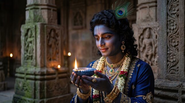 Avatar Lord Krishna: hold diya, offer light, wear garland, adorn jewelry, illuminate temple, show peace, possess feather, embody grace, radiate divinity, stand pillar, convey serenity.