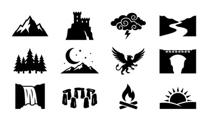 Fototapeta premium Fantasy Landscape Icons Set, Mythical Creature and Nature Elements, Medieval Castle and Ancient Stone Circle Graphics, Vector Symbols for Adventure and Storytelling