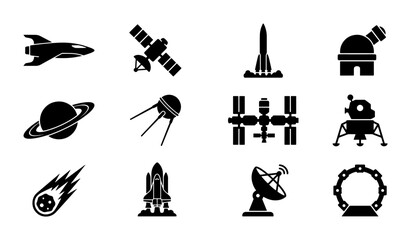 Space Exploration Icons Set: Rocket, Satellite, Planet, Spaceship, Astronomy, Lunar Lander, Comet, Observatory, 12 Vector Elements for Science and Technology Graphics © Subra