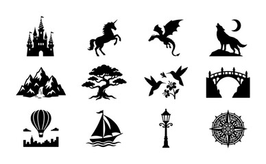 Obraz premium Fantasy Icons Set: Castle, Unicorn, Dragon, Wolf, Mountains, Tree, Birds, Bridge, Hot Air Balloon, Sailboat, Lamp Post, Compass Rose - Vector Graphics