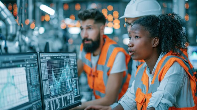 Professionals in high visibility vests collaborate while examining complex data on computer screens.