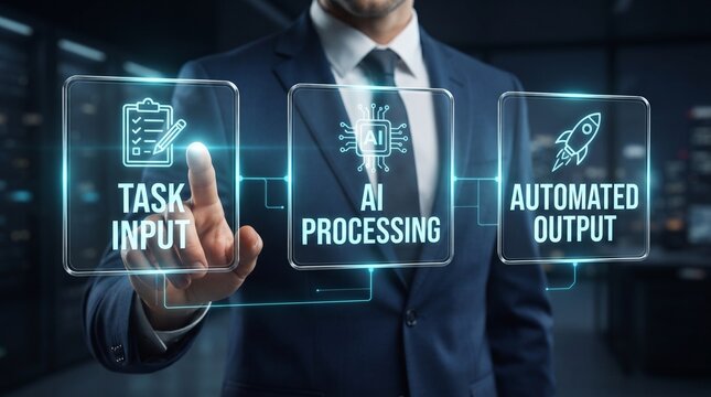 Business expert managing AI processing task input and automated output digital systems