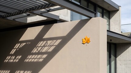 Fototapeta premium An autumn maple leaf on a modern concrete building facade, with geometric shadows cast by the sunlight. AI generated.