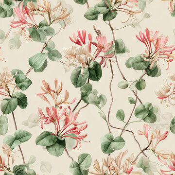 seamless pattern, fuchsia flowers, floral pattern, watercolor flowers, hanging blossoms, pink flowers, cream flowers, green leaves, mint background, botanical pattern, hand painted, garden flowers, el