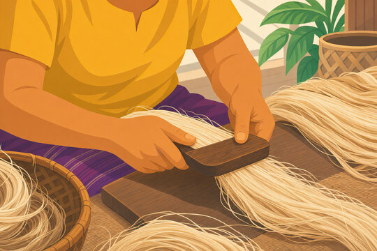 Filipino artisan preparing abaca fibers for weaving, illustrating traditional textile production and sustainable craft