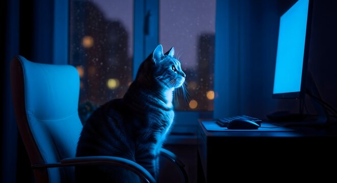 Curious cat sitting on office chair looking at computer screen