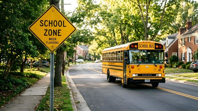 A bright yellow school bus driving down a quiet suburban street past a yellow school zone warning sign during the daytime