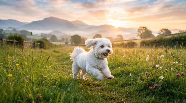 dorable fluffy white Maltese dog running happily through a green grassy field in the countryside, with soft blurred mountains in the background and warm sunlight