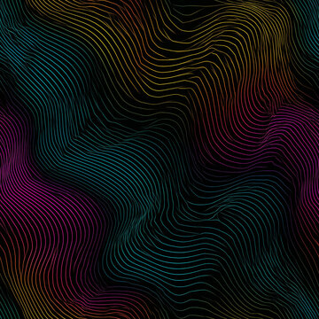 Seamless Abstract Topographic Wave Pattern with Neon Teal, Magenta and Gold Contour Lines on Black Background