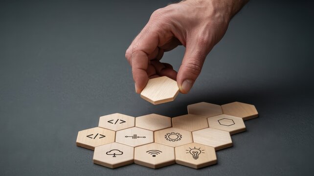 Software development concept with wooden hexagon tiles, hand placing coding and technology icons, modular programming and web design metaphor