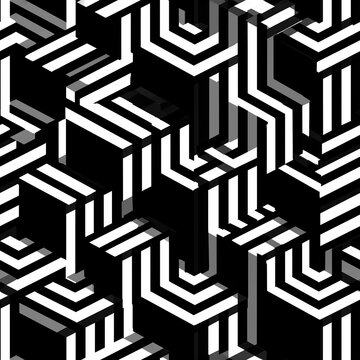 Seamless Black and White Geometric Optical Illusion Pattern with Interlocking 3D Cubes and Bold Striped Lines