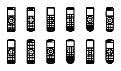 Collection of 12 Black Remote Control Icons, Universal Device Controllers, Electronic Gadget Interfaces, Multimedia Input Devices, Vector Set © Oishe
