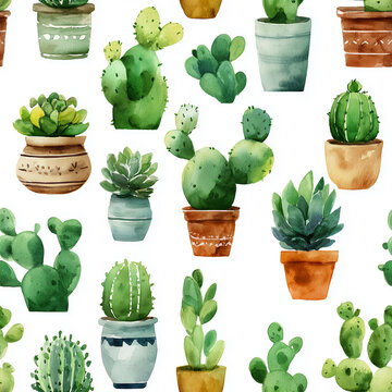 Seamless Watercolor Cactus and Succulent Pattern with Green Desert Plants in Rustic Terracotta and Ceramic Pots