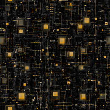 Seamless Futuristic Circuit Board Pattern with Glowing Gold Microchips and Intricate Black Digital Technology Network