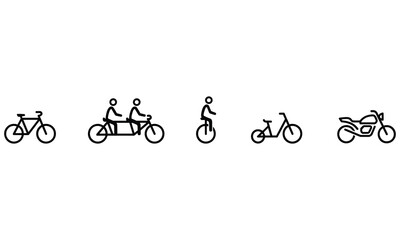 Set of five black line depicting various modes of transportation including a bicycle, tandem bike, unicycle, scooter, and motorcycle © Styllo