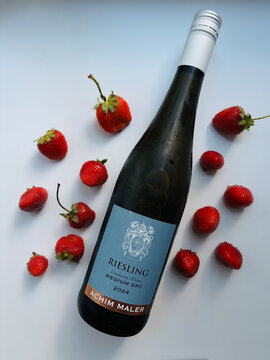 Russia Novosibirsk July 26, 2026: A bottle of wine on a light background, Achim Maler Riesling