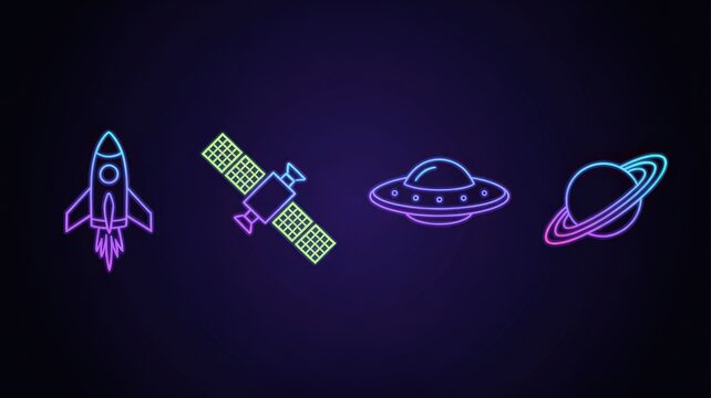 Neon space icons set with rocket ship, satellite, UFO and planet, glowing purple and blue cosmic elements, futuristic galactic technology symbols