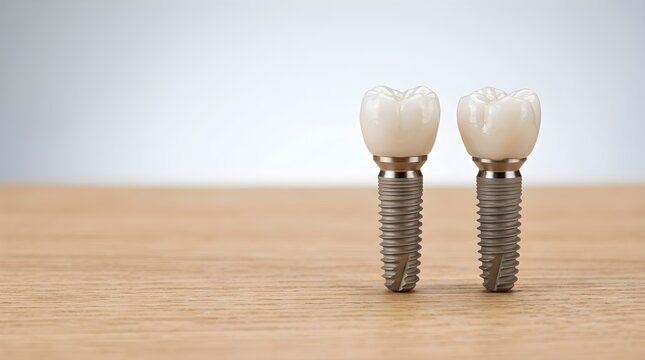 Two professional dental implants with ceramic crowns standing upright on a wooden surface representing modern restorative dentistry and oral health care