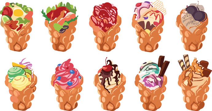Delicious Hong Kong Bubble Waffle Cone Icon Set with Sweet Ice Cream Fruits Berries and Chocolate Toppings for Cafe Menu Graphic Designs