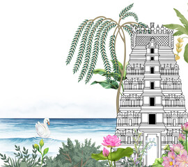 Architectural Line Art Temple Ocean Palm Tree Lotus Spiritual Indian Mural Wallpaper © Mondal_01
