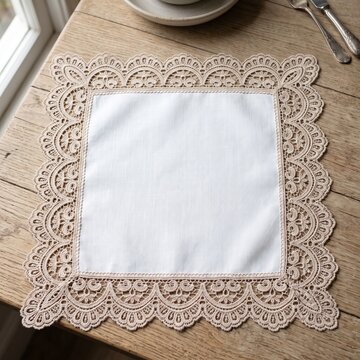 Elegant white lace doily placemat isolated on transparent background for home decorusage.