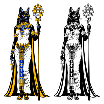 Bastet. Ancient Egyptian Goddess. Color and black and white versions.